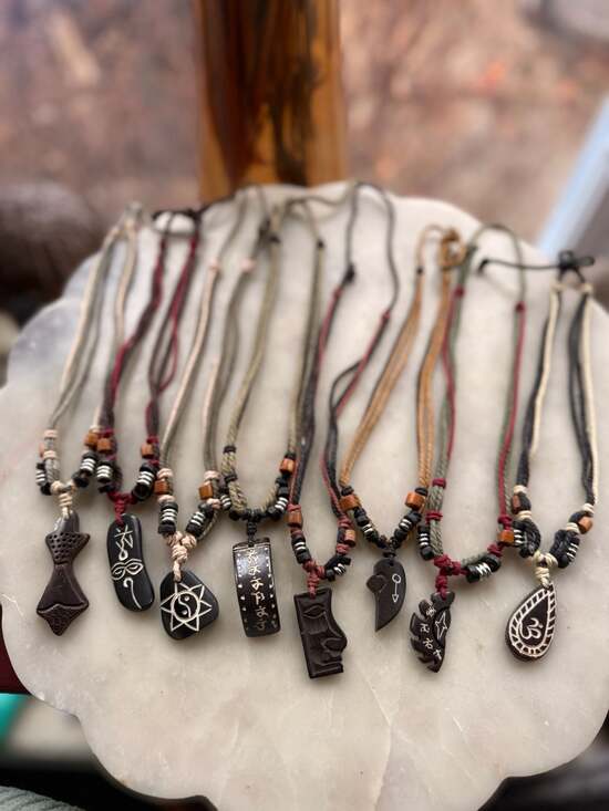 Handmade Jewelry - Handmade Tribal Ethnic Bone and Wood Pendant Necklace Collection with Adjustable